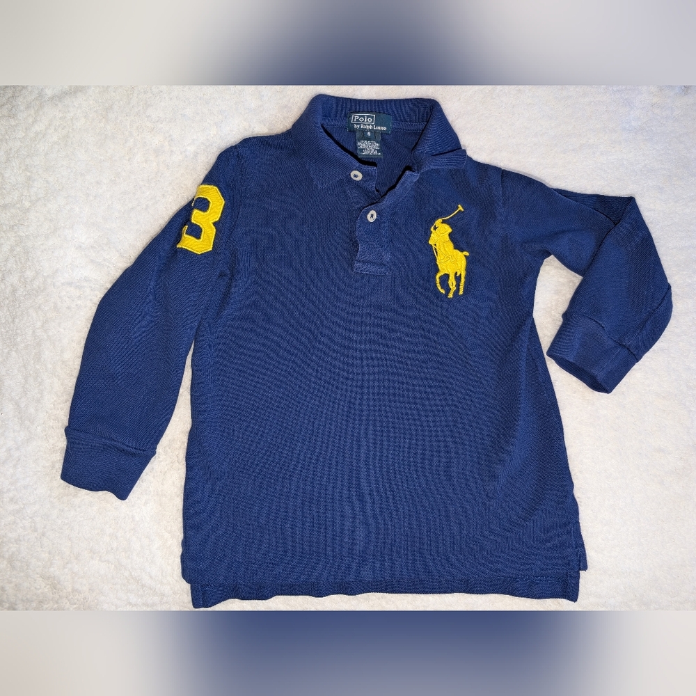 Polo By Ralph Lauren Kids Blue Long Sleeved Cotton Pique Shirt Yellow Logo Sz 5